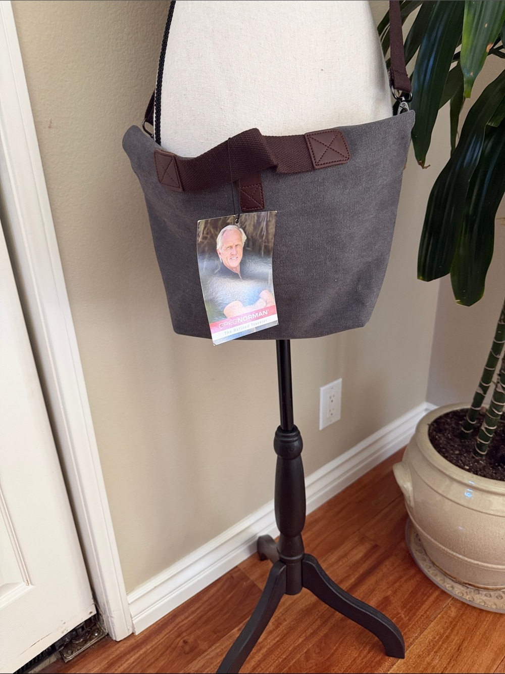 Greg Norman Collection Gray Canvas Messenger Bag with Brown Trim